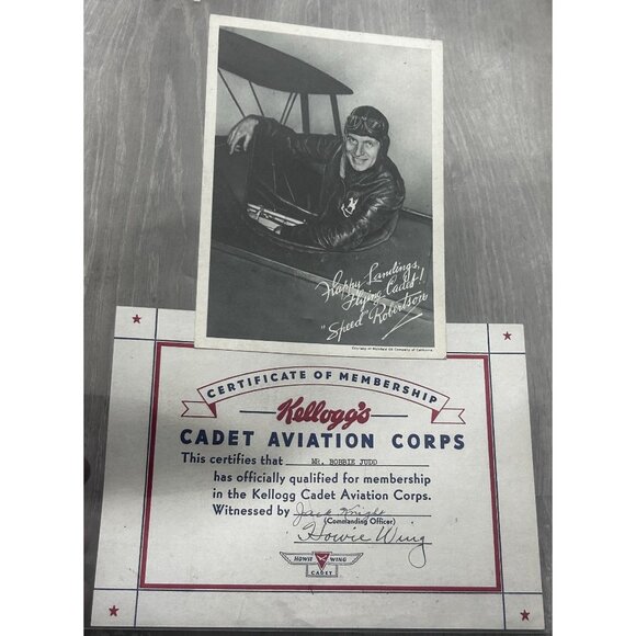Kellogg's Cadet Aviation Corps Membership Certificate and Photo of "Speed" Rober - Picture 1 of 4